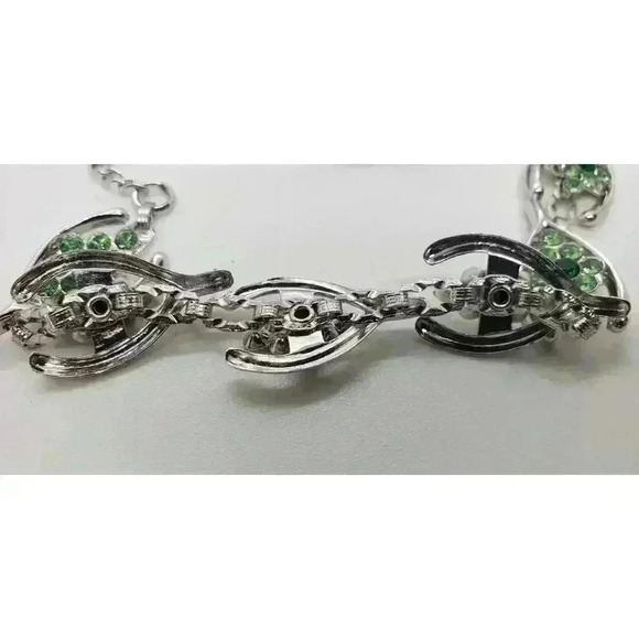 Vintage good luck Necklace Bracelet Earrings Set Silver Wishbone Rhinestone - Picture 4 of 11